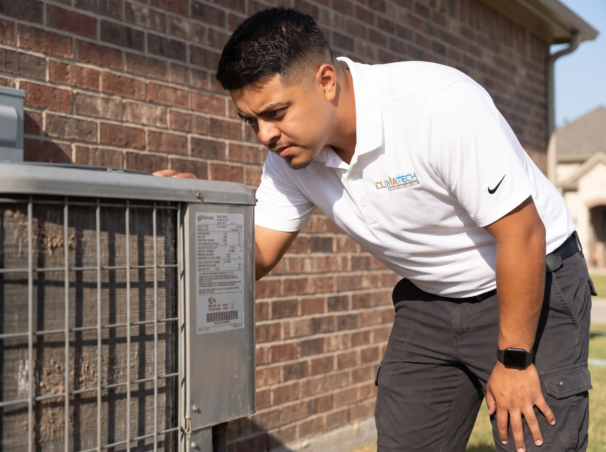 A technician reading the refrigerant type and charge weight off the data plate on an outdoor condenser