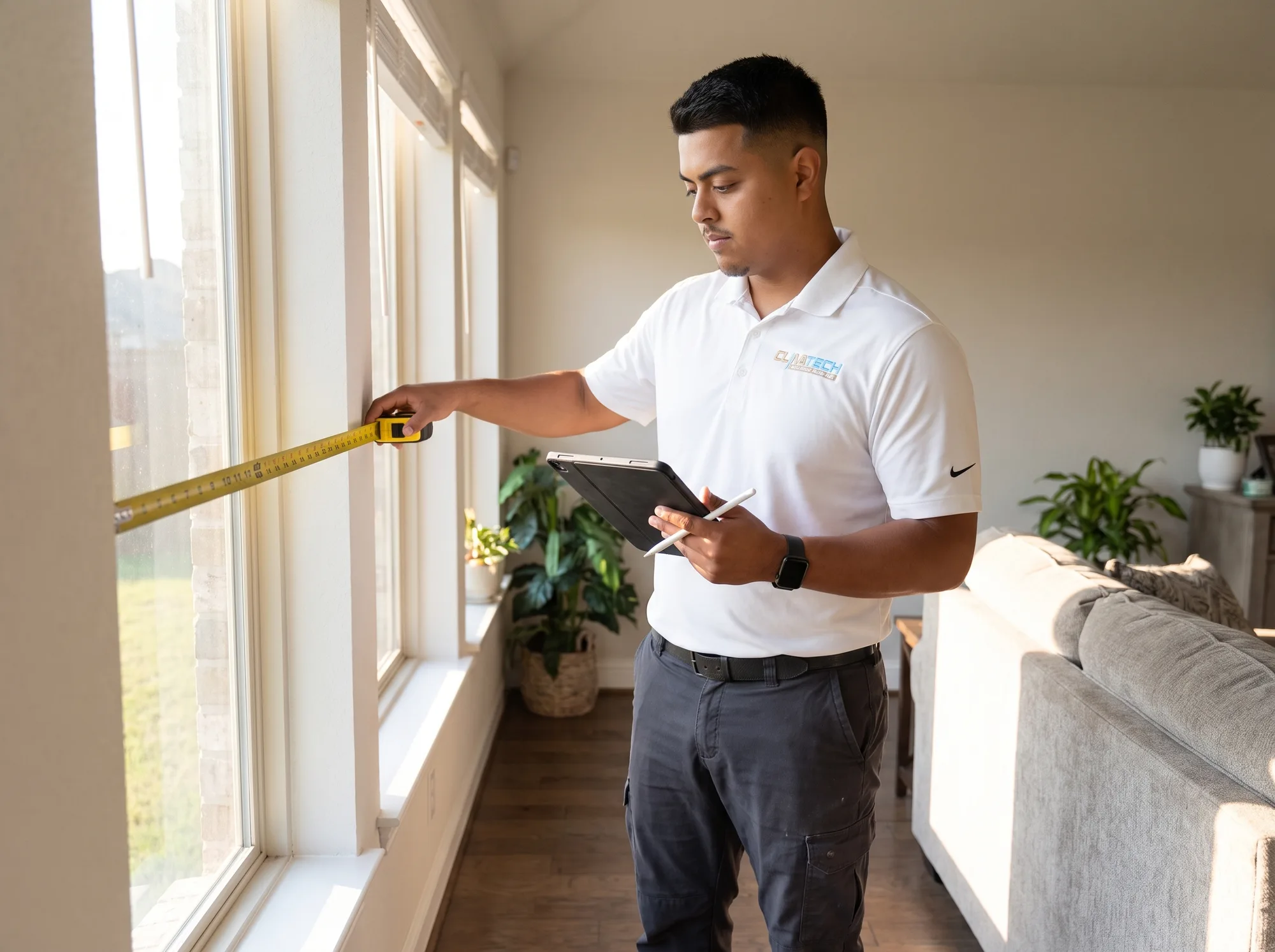 A technician measuring a west-facing window and recording room dimensions on a tablet for a load calculation