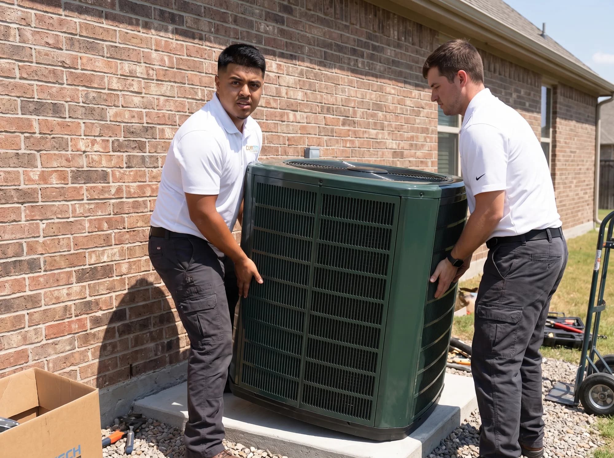 Two technicians setting a new condenser onto a level pad beside a brick home