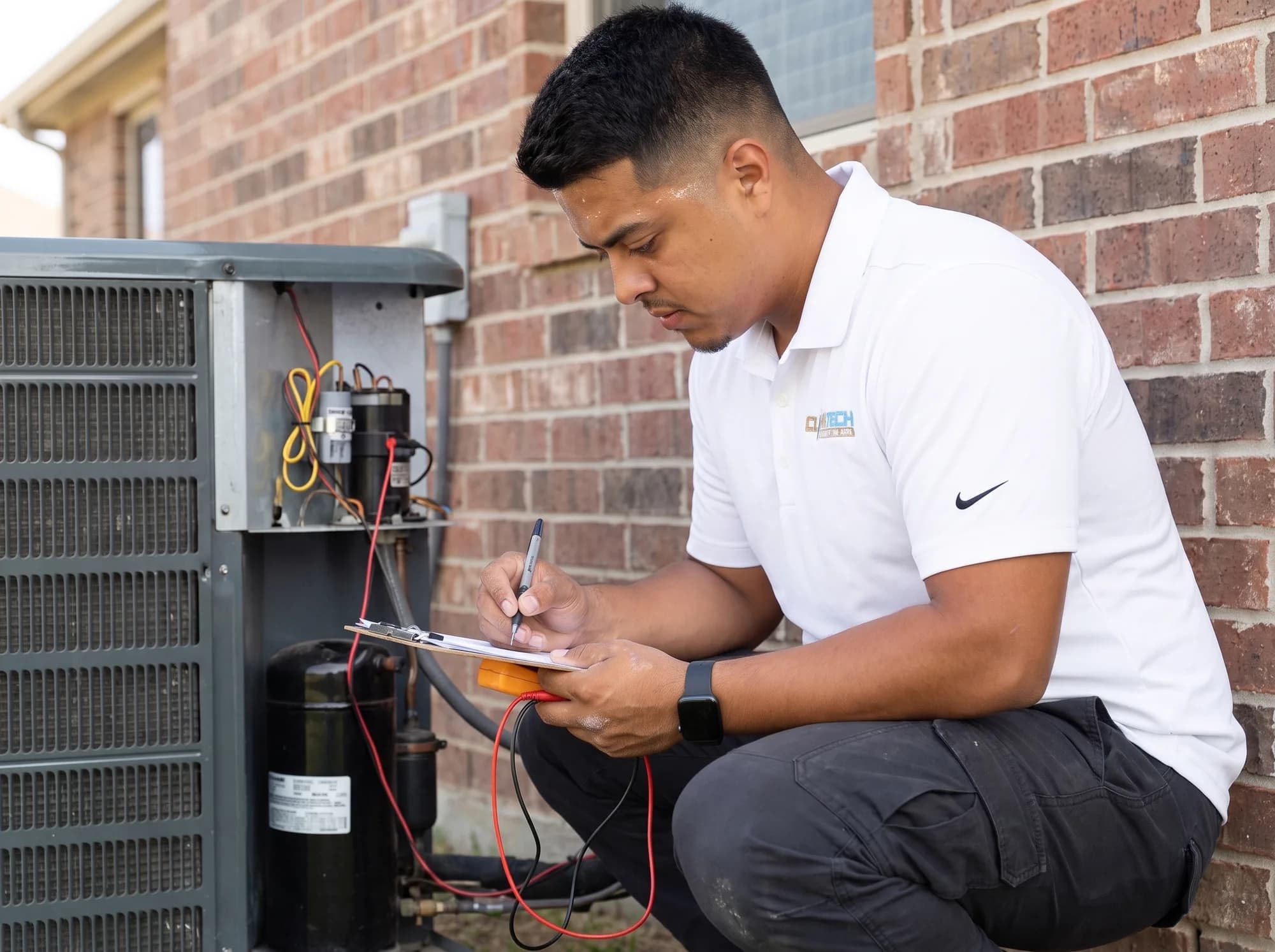 A technician writing down capacitor and amp draw readings beside an open outdoor condenser