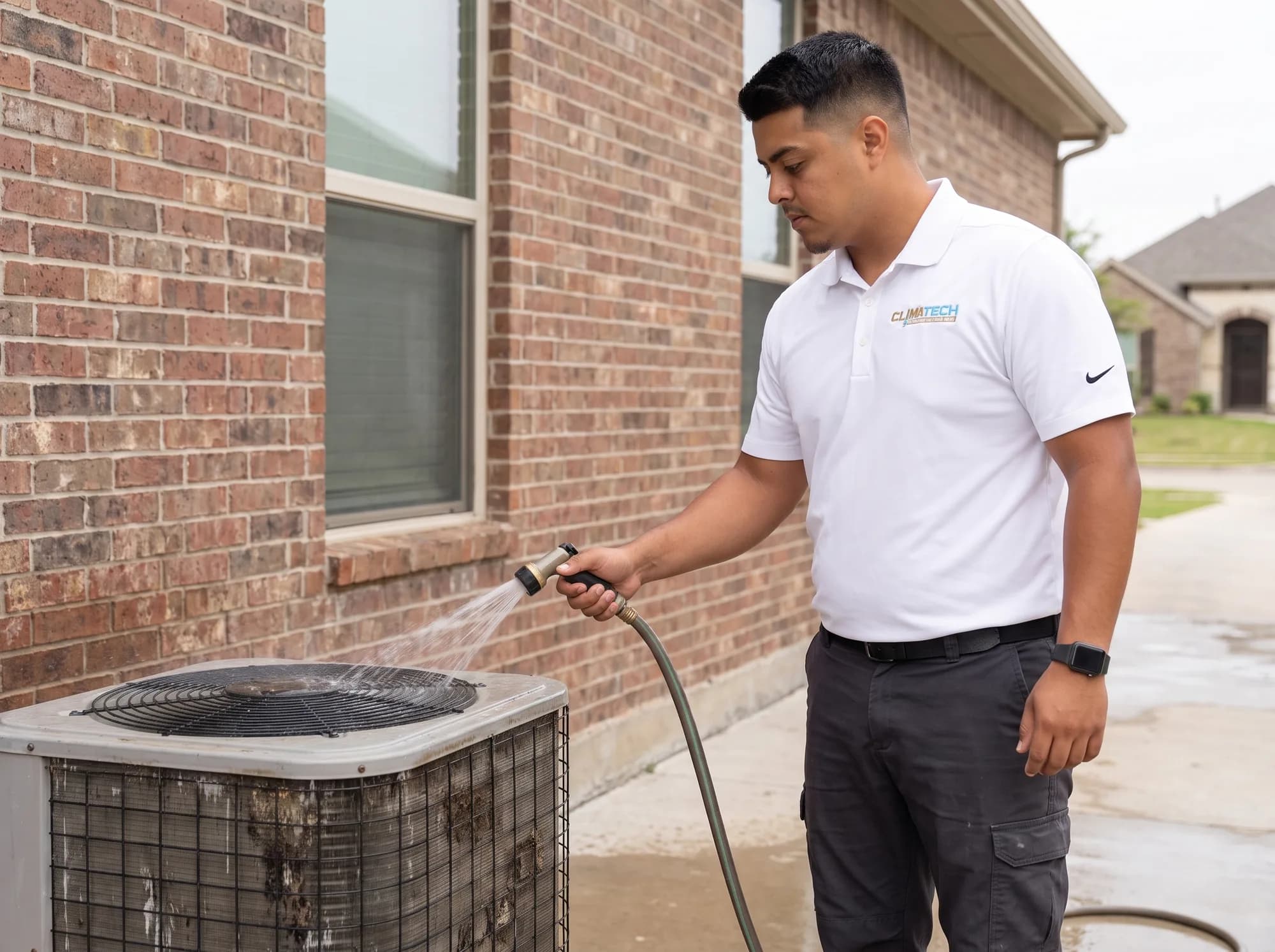 A technician rinsing an outdoor condenser coil with a hose on a mild spring morning outside a Texas home