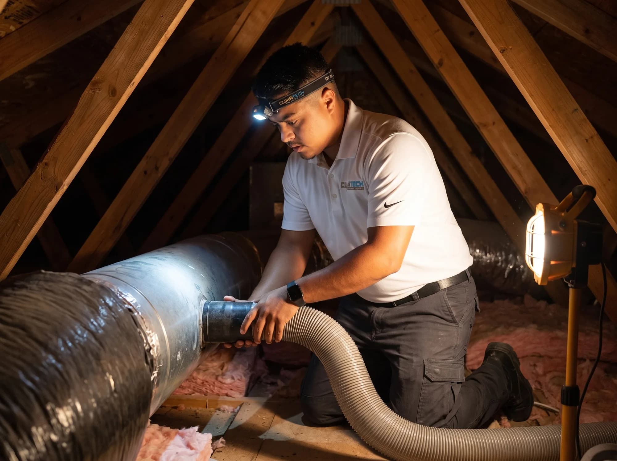 A technician connecting a negative-pressure collection unit to the main trunk line of a residential duct system