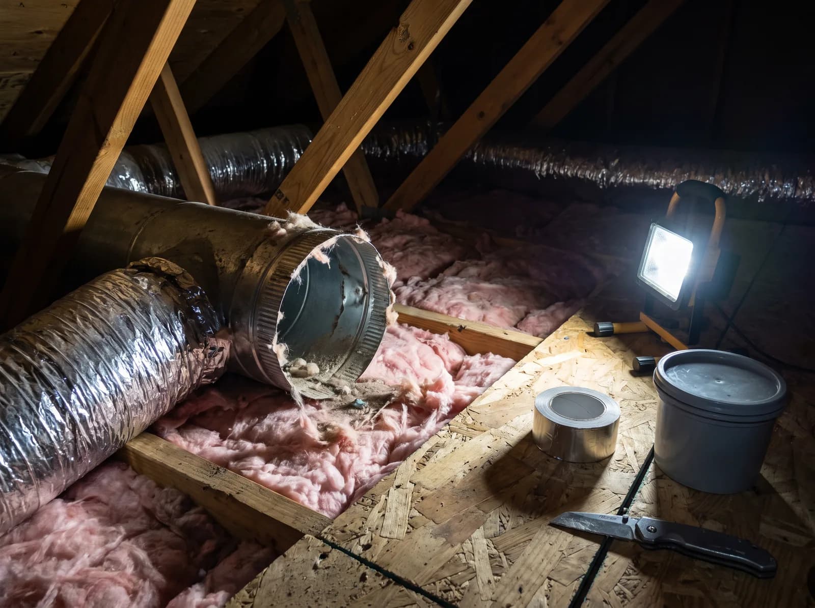 A side by side before and after photograph of a flexible duct branch found disconnected at its boot in a hot attic, then reconnected, strapped and sealed with mastic
