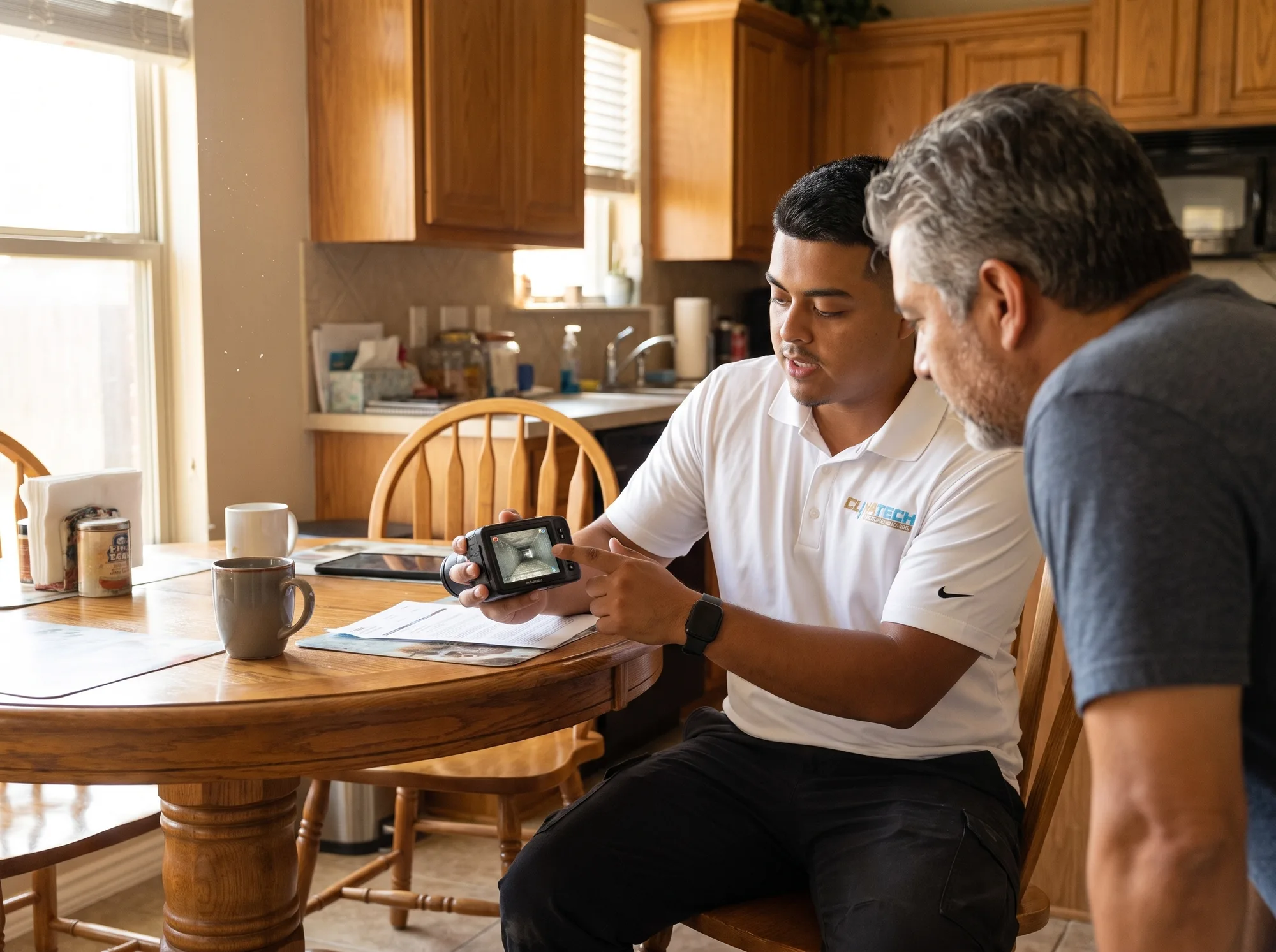 A technician showing a homeowner footage of the inside of a supply duct on a camera screen at the kitchen table