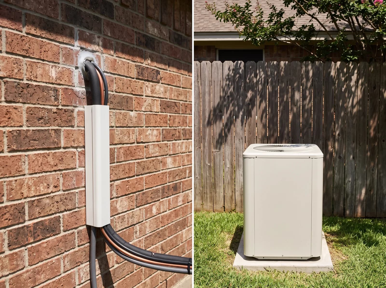 The outdoor unit of a ductless mini-split on a pad beside a brick Texas home, with the insulated line set running up into a neat sleeved wall penetration