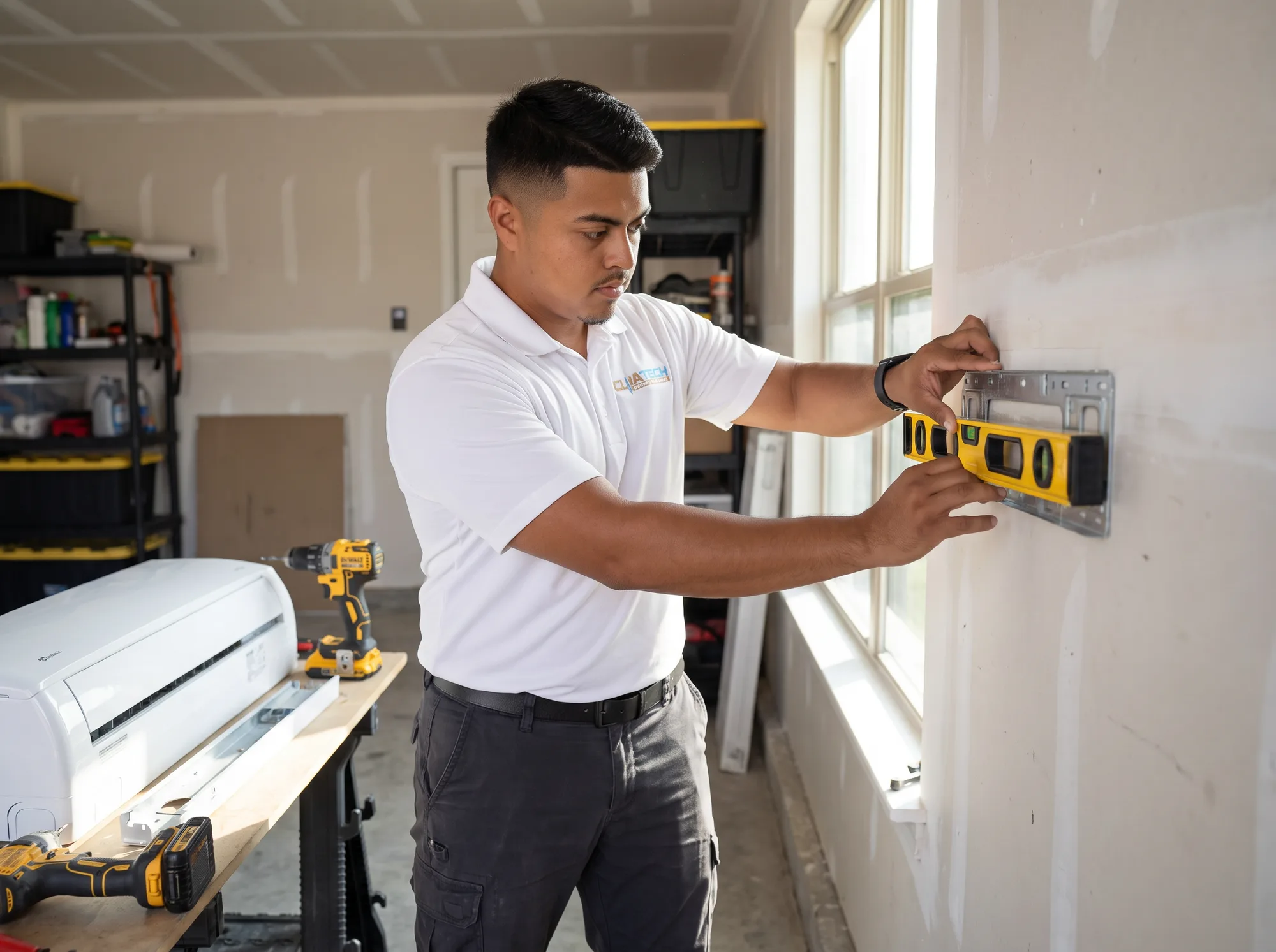 A technician holding a level against the mounting bracket for a mini-split indoor head on an interior wall before the unit goes up