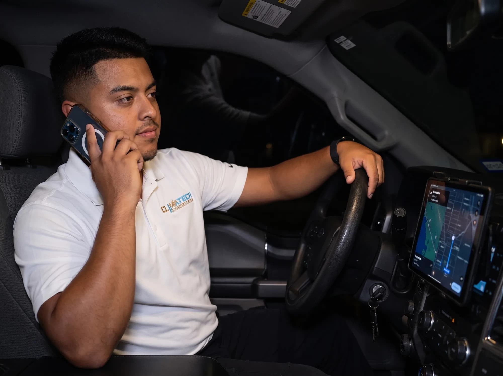 A late-night service call being answered with the dispatch schedule open on screen