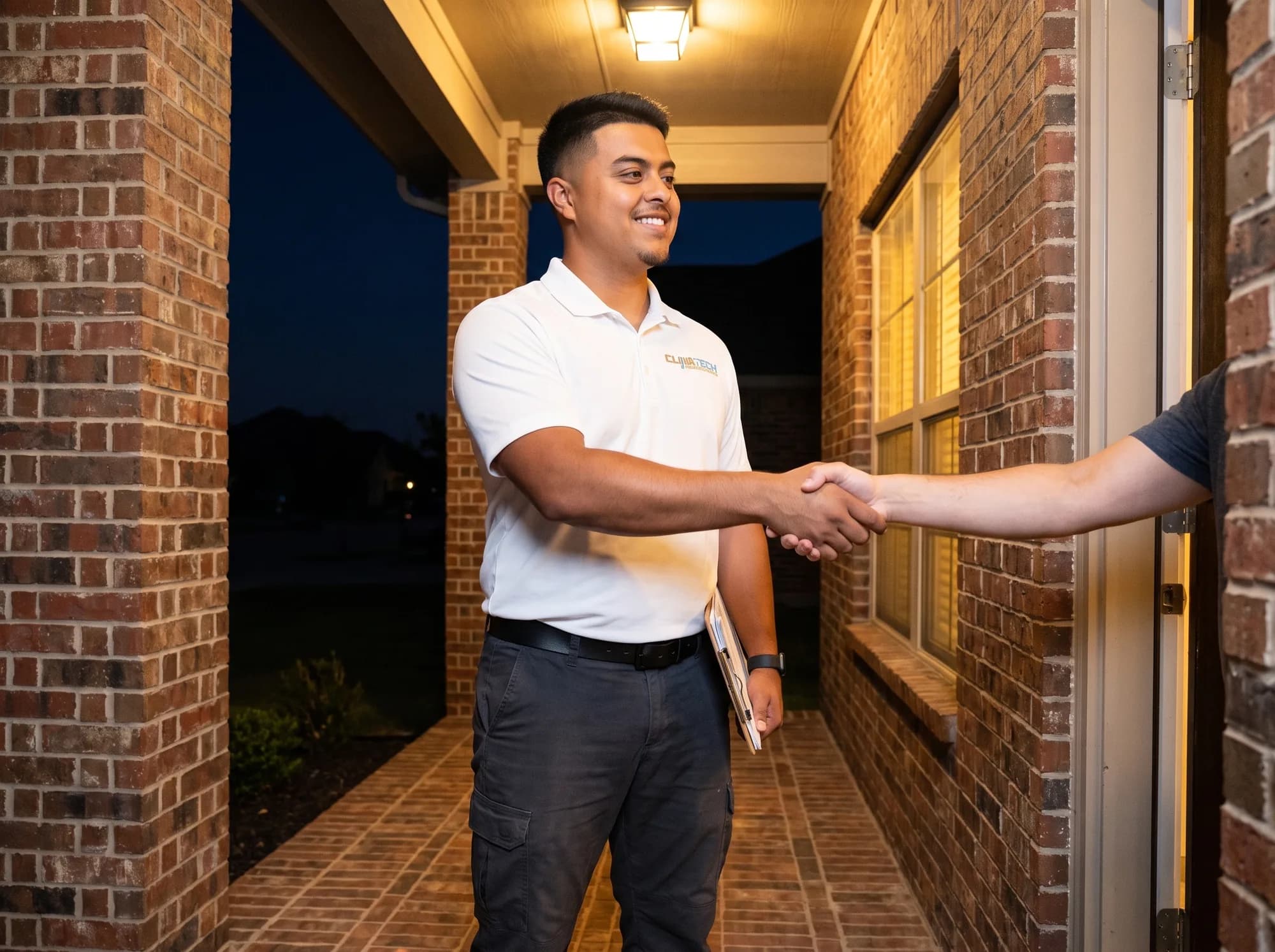 A technician handing a homeowner a written repair price on a front porch after dark