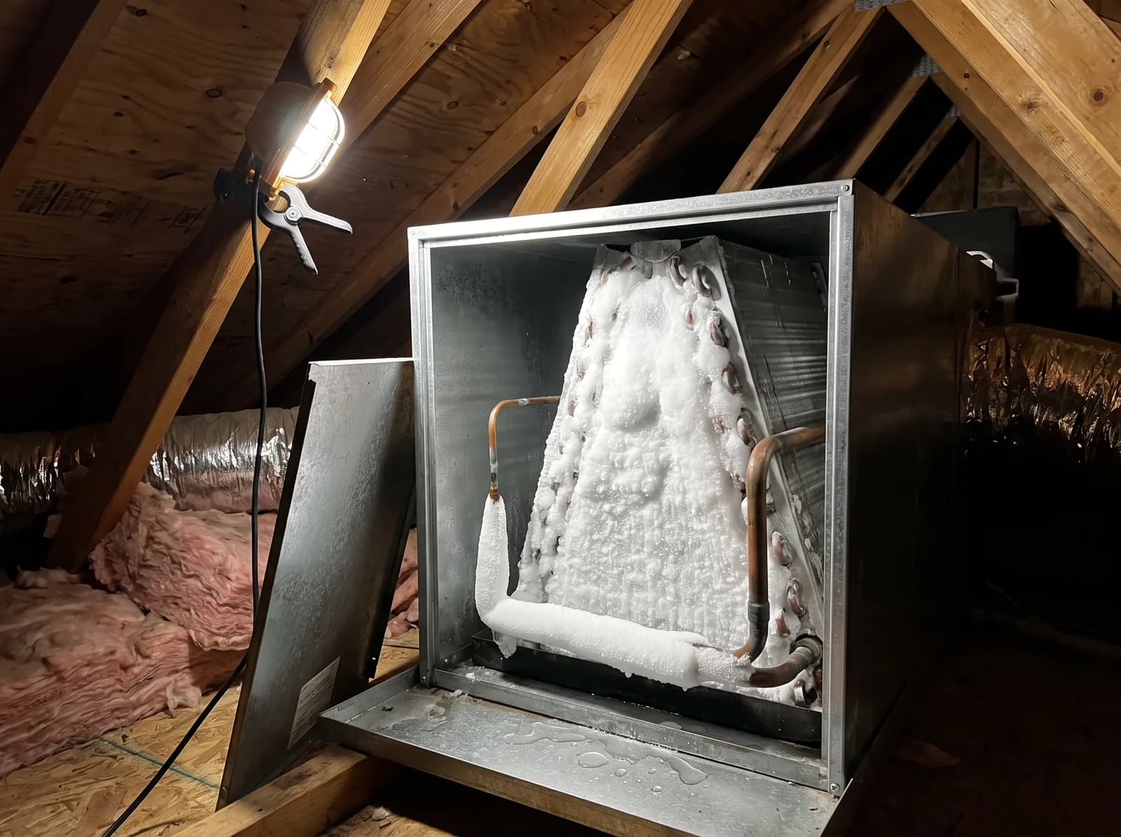A frozen evaporator coil and iced copper refrigerant line inside a residential air handler