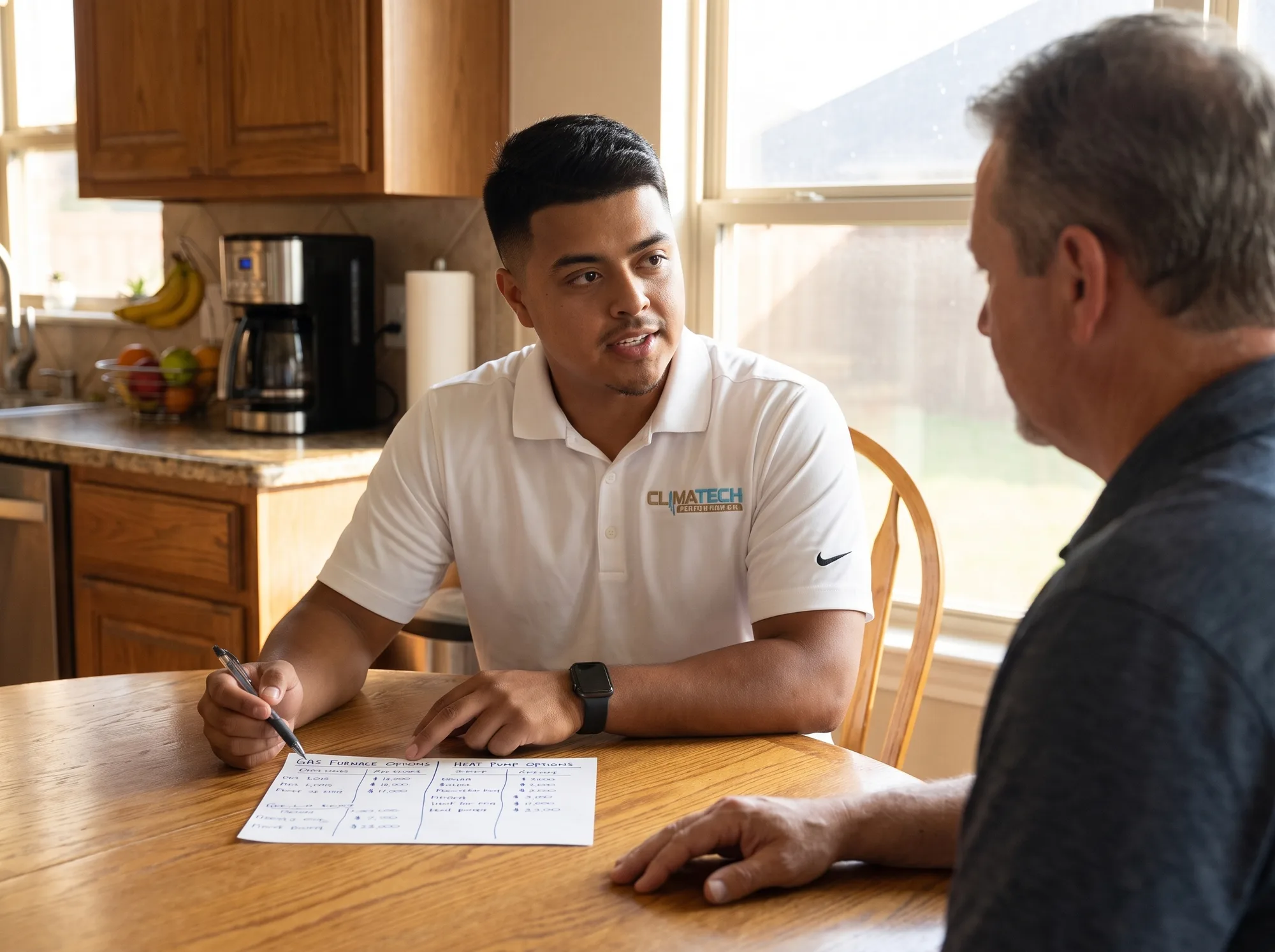 A technician at a kitchen table showing a homeowner written gas furnace and heat pump options side by side
