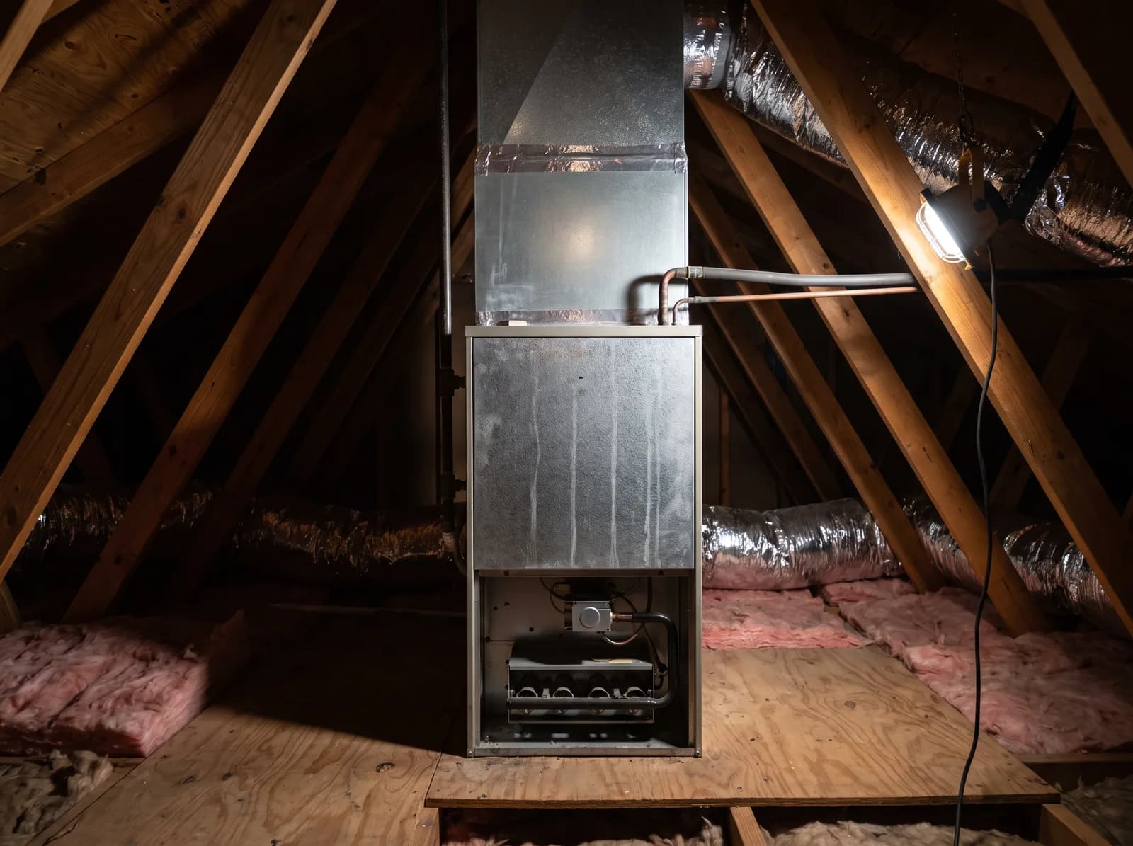 An upflow gas furnace with the evaporator coil cabinet stacked directly above it in a utility closet, blower door removed