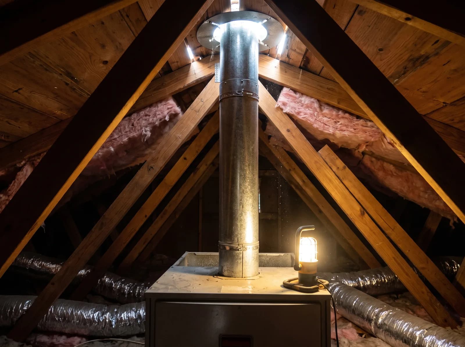 A horizontal gas furnace on an attic platform with its flue and combustion air piping routed up through the roof deck