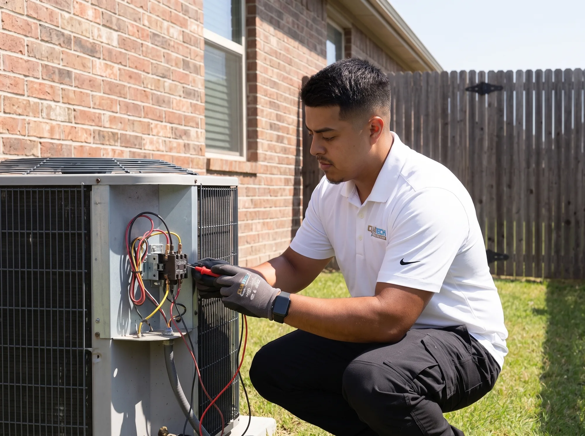 A technician testing the contactor inside an outdoor condenser with a multimeter