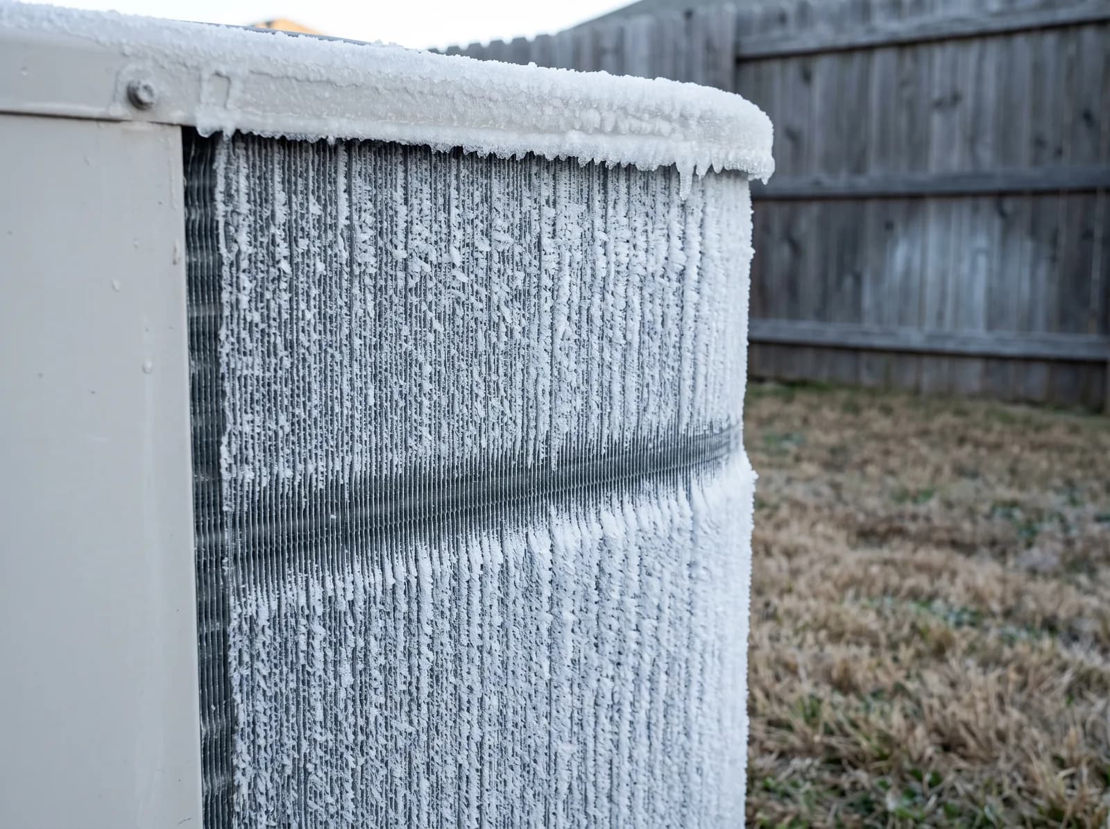The outdoor unit of a residential heat pump with frost across the coil on a cold damp morning, steam rising as it runs a defrost cycle