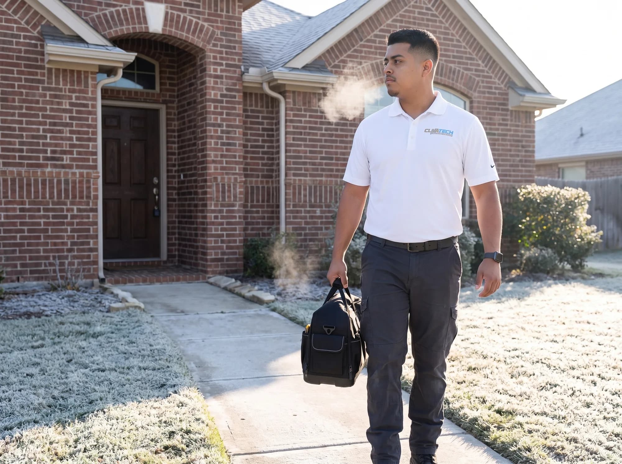 A technician arriving at the front door of a brick Texas home on a freezing winter morning with a service bag