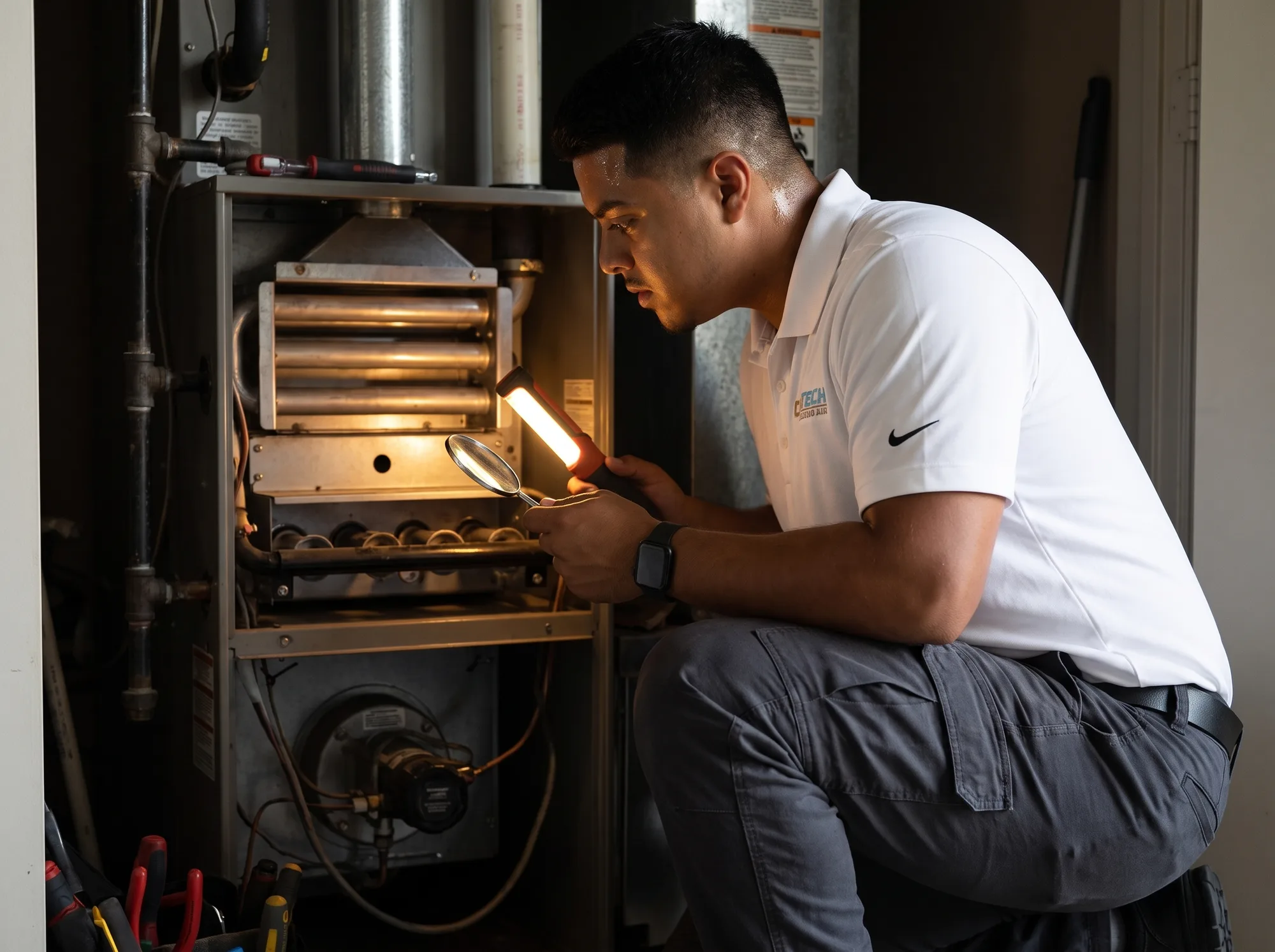 A technician inspecting a gas furnace heat exchanger through the open burner compartment using an inspection mirror and work light